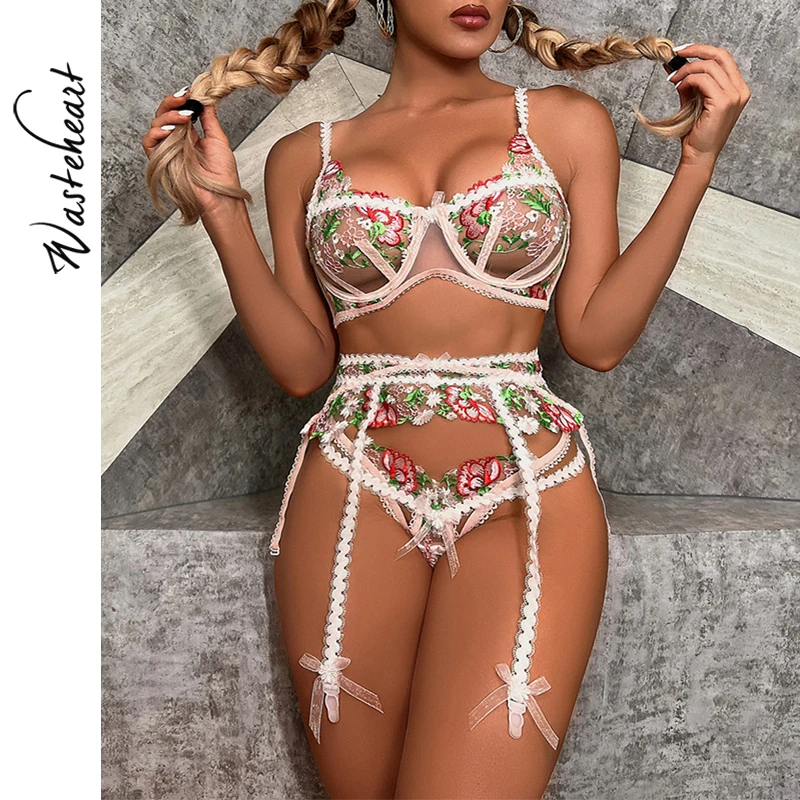 

Wasteheart Pink For Women Garter Embroidery Panties Push Up Padded Bra Sets Underwear Sexy Lingerie 3 Piece Exotic Sets