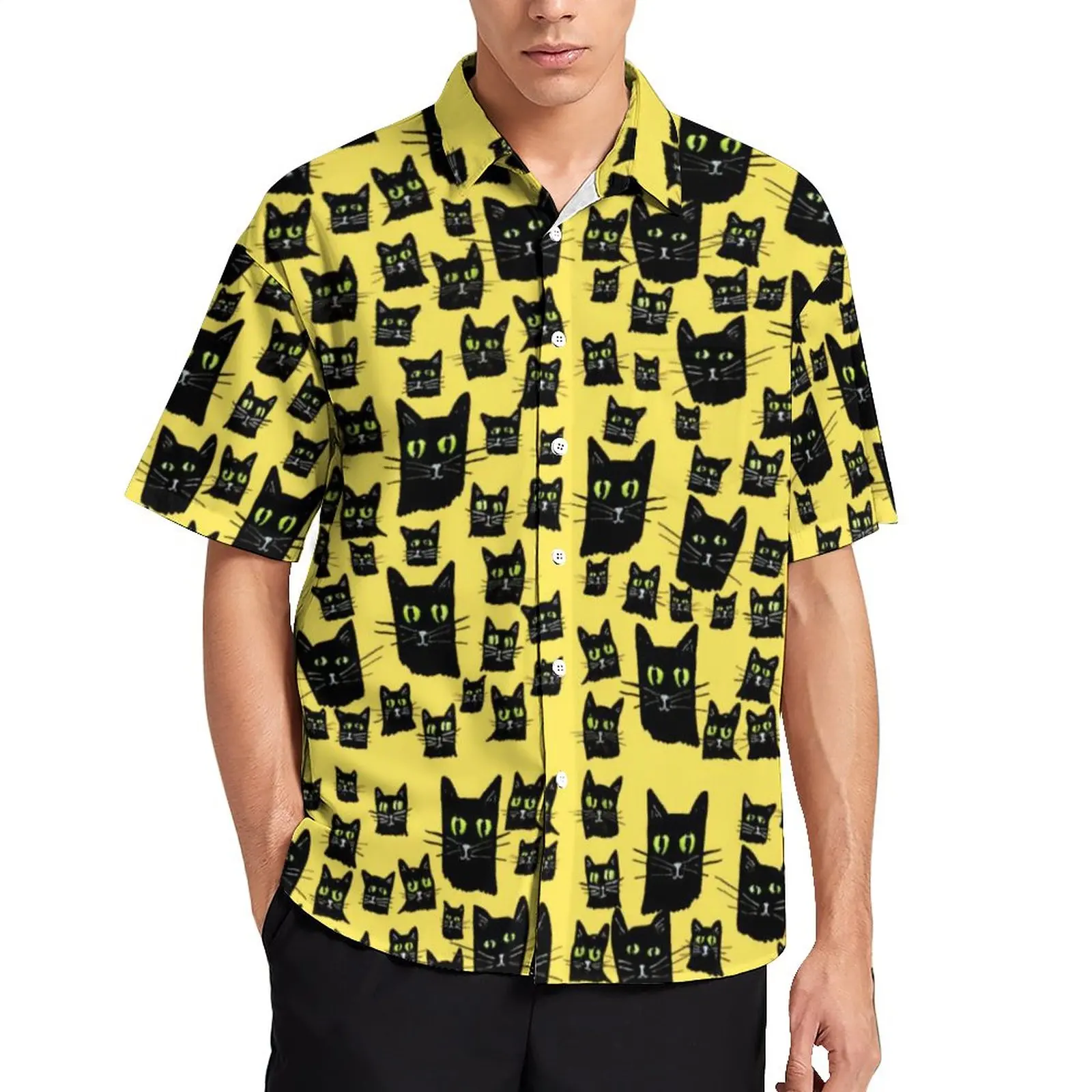 

Spooky Black Cat Loose Shirt Male Vacation Halloween Print Casual Shirts Hawaii Custom Short Sleeve Y2K Oversized Blouses