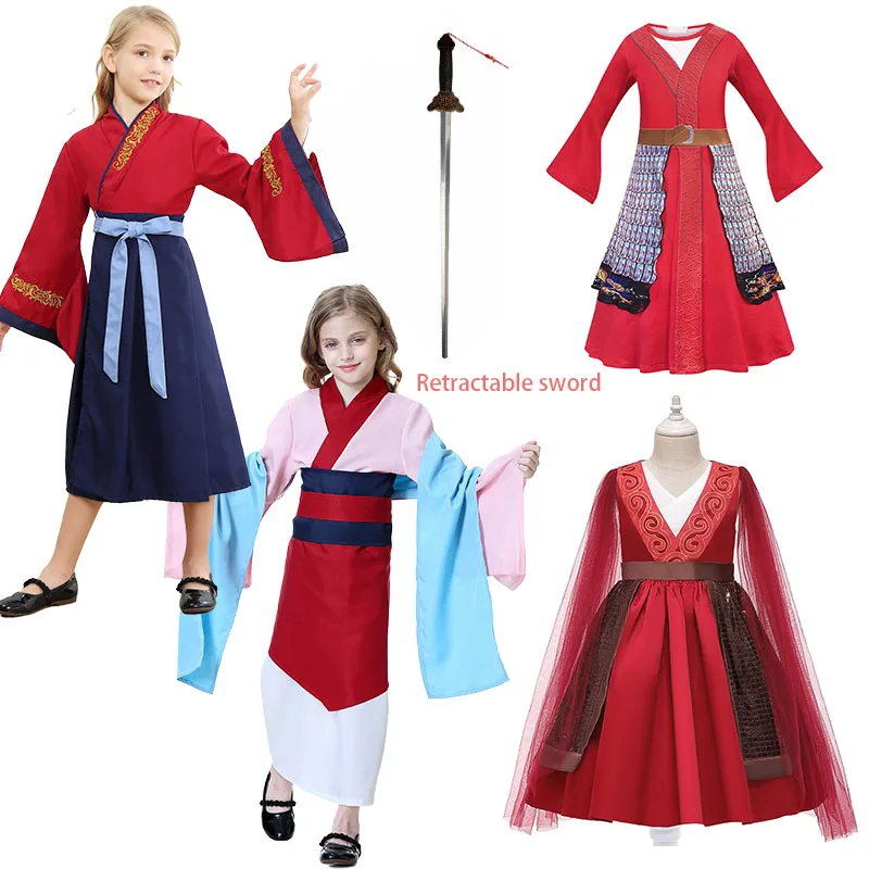 Mulan Dress Female Hero Girls Princess Costume Birthday Dress For Kids Mesh Gown Carnival Cosplay Role Play Party Outfit