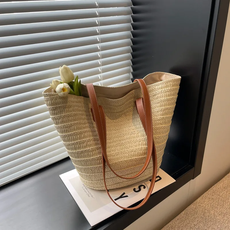 

Bohemian Beach Straw Bag Summer Handmade Bucket Bag Large Capacity Shoulder Bag Vacation Tote Outdoors Seaside Handbag Bolsas