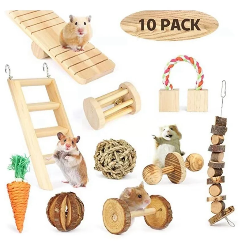 

10pcs/pack Hamster Toys Set Natural Wooden Rabbit Gerbils Guinea Pigs Hamster Chew Toys Small Animal Pet Molar Toys