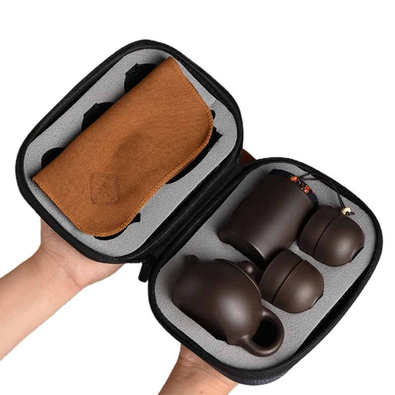 

Natural Ceramics Kung Fu Tea Set 1 Teapot with 4 Tea Cups and Tea Mat Tea Bucket with Portable Protective Bag for Indoor and Use