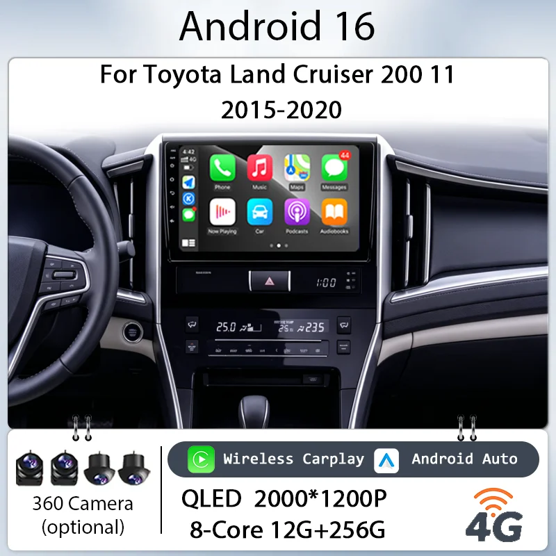 Фото 9-дюймовая Android 16 автомагнитола с беспроводным CarPlay, GPS-навигацией, Bluetooth, 4G, DSP для Toyota Land Cruiser 200 11 2015-2020, IPS HD сенсорный экран №1