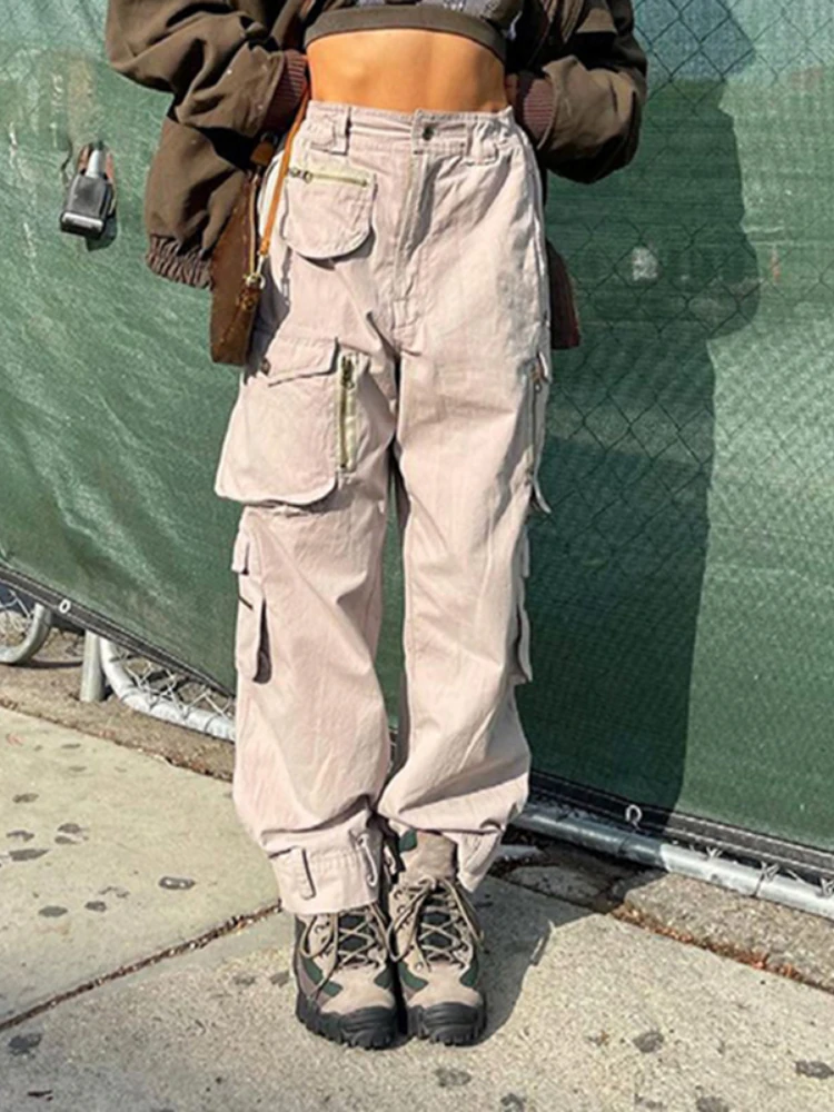 

2022 New Solid High Waist Baggy Jeans Woman Zipper Pockets Cargo Style Streetwear Techpants Vintage Casual Hippie Denim Trousers