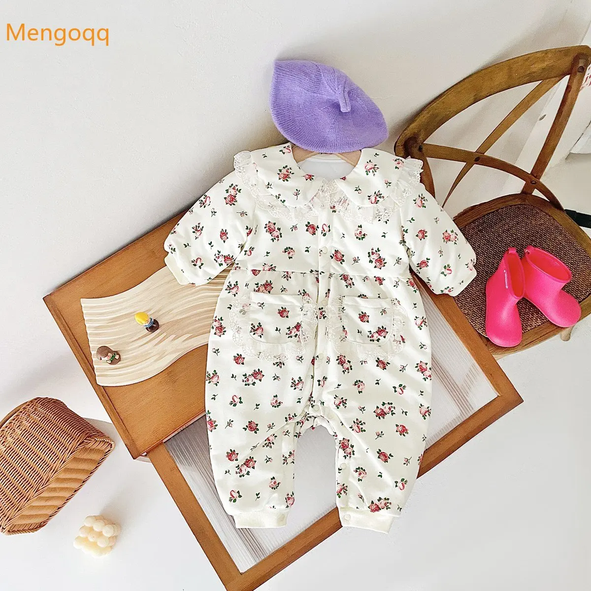 

Детский однобортный комбинезон Mengoqq с длинными рукавами, утепленный с цветочным принтом, теплая повседневная одежда с бантом и карманами