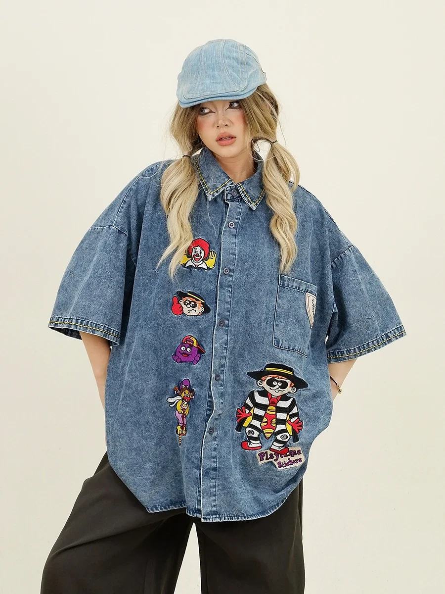 Джинсовые рубашки с коротким рукавом и вышивкой в стиле аниме Новинка лета 2024