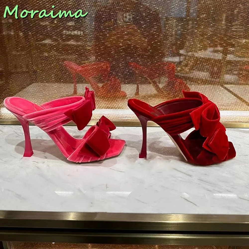 New Velevt Butterfly-Knot Slides Sexy Women Square Toe Slippers Stiletto High Heel Rosy Red Solid Elegant Banquet Summer 2023