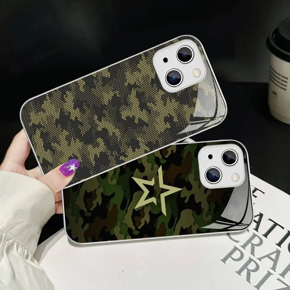 Фото Камуфляжный военный чехол из закаленного стекла для iPhone 14 13 12 Mini 11 Pro XS Max X XR 14 Plus №1