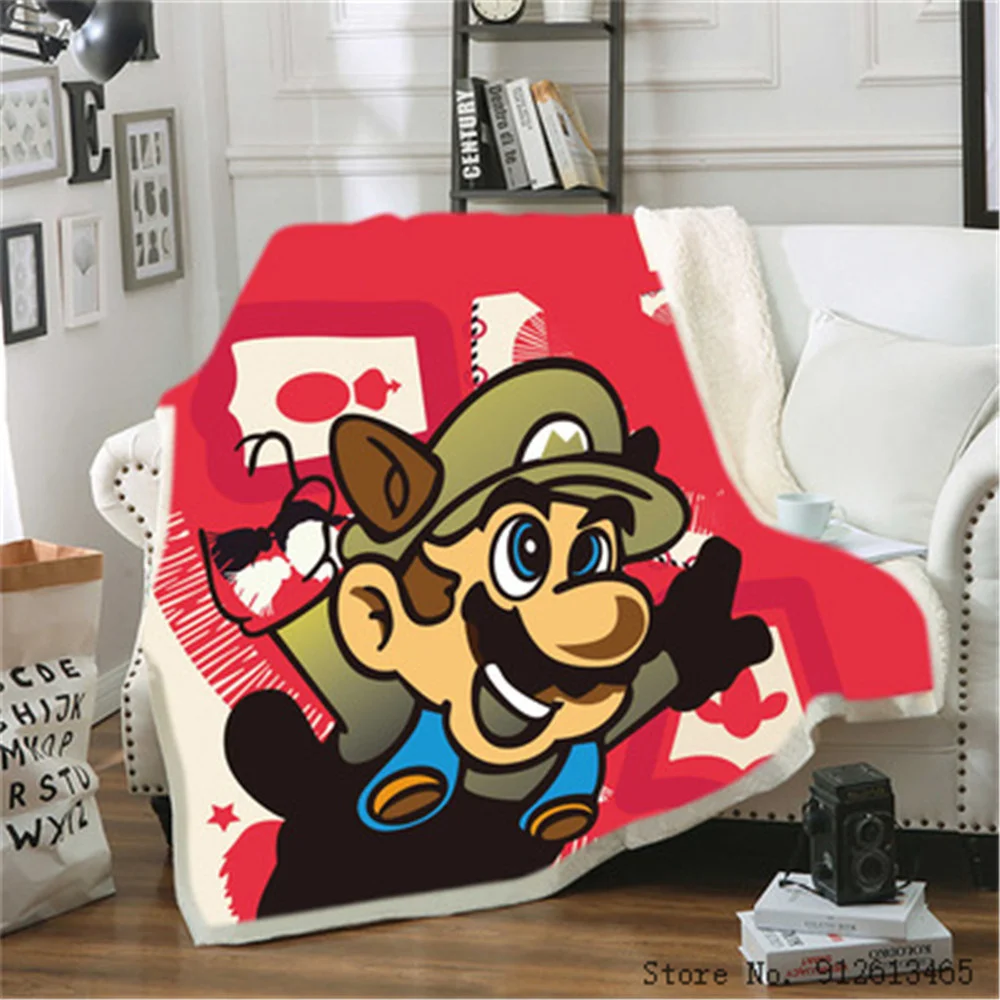

Cartoon Anime Super Mario Blankets for 3D Printed Flannel Three Thicken Blanket on Bed Sofa Home Textiles Sherpa Throw Blanket