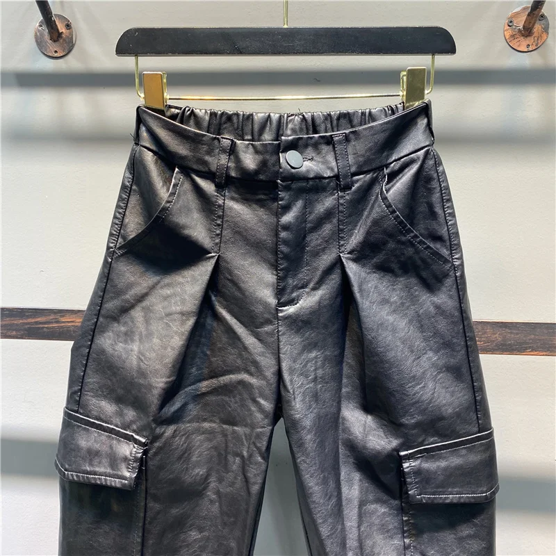 Брюки женские из искусственной кожи модные элегантные сафари с карманами