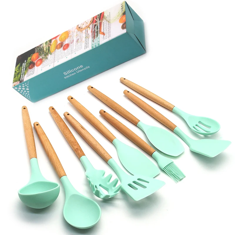 

Kitchen Silicone Cooking Utensils 11 Natural Wooden Silicone Cooking Utensils - Kitchen Utensil Tools Gadgets