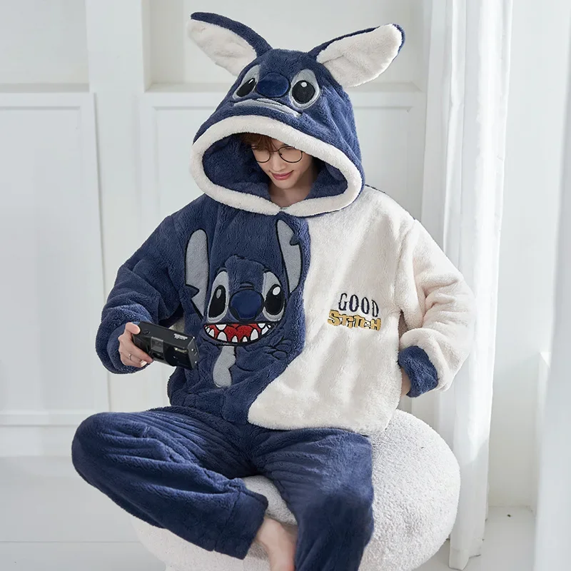 Зимний пижамный комплект с капюшоном Disney Stitch Pooh Bear мужские и женские пижамы