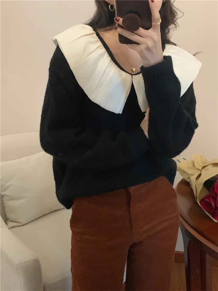 

Alien Kitty Ruffled Doll Lapel Sweater Women 2022 New Korean Style Loose Elegant Knitted Pullover Tops Outwear Knitwear Jumper