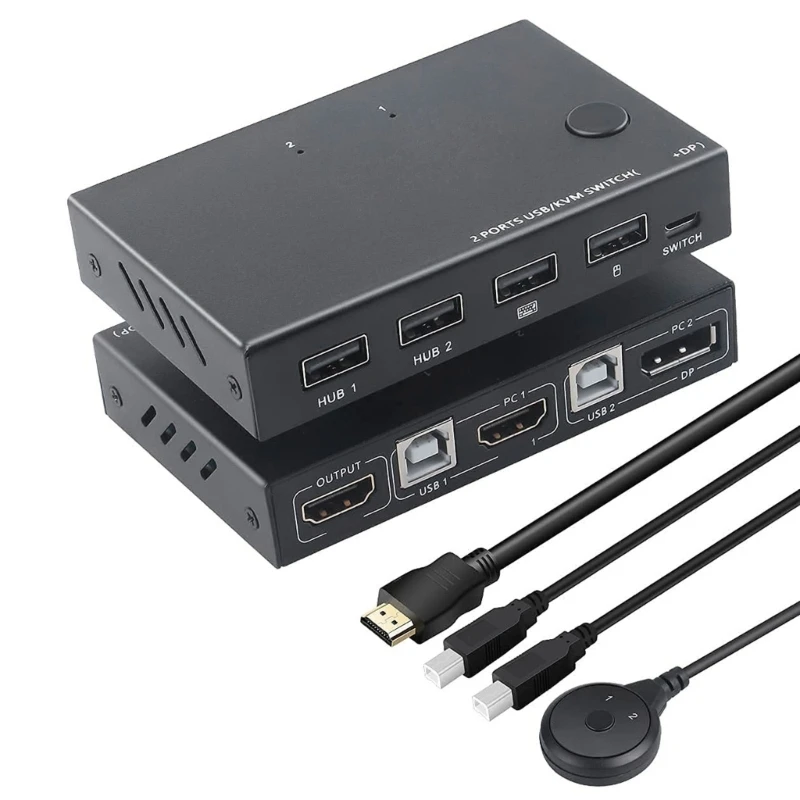 

KVM-переключатель с двумя портами, DP-переключатель для двух компьютерных клавиатур, мышей, принтеров с поддержкой порта 4K @ 60 Гц с кабелем