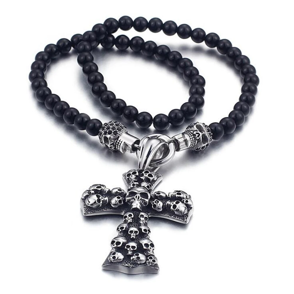

Punk Retro Rock Glass Beads Chain Necklace For Men Hiphop Stainless Steel Skull & Cross Pendant Statement Necklace Jewelry