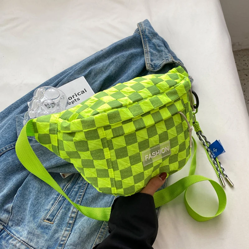 

Women's bag 2022 summer new Korean fashion lattice contrast nylon bright color waist bag women's single shoulder bag chest bag