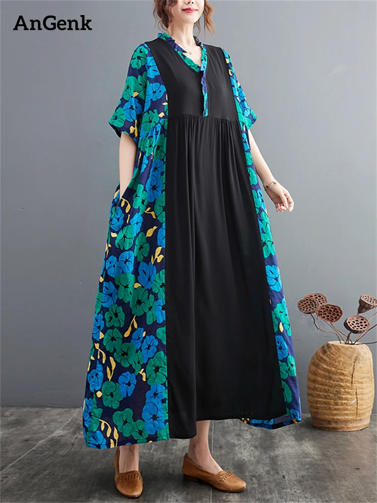 

Oversize Cotton Print Floral Vintage Dresses For Women 2023 New Summer Casual Loose Long Dress Femme Vestidos Elegant Clothing