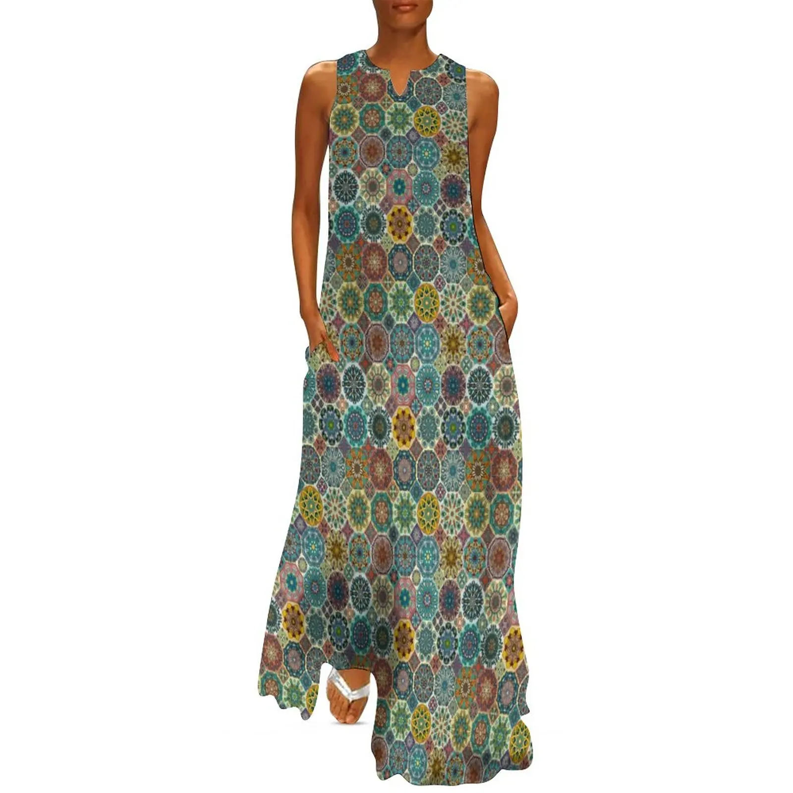 

Женское винтажное платье-макси с цветочным принтом, Длинное Элегантное уличное платье с абстрактным рисунком плитки, в стиле кэжуал, идея для подарка, на лето
