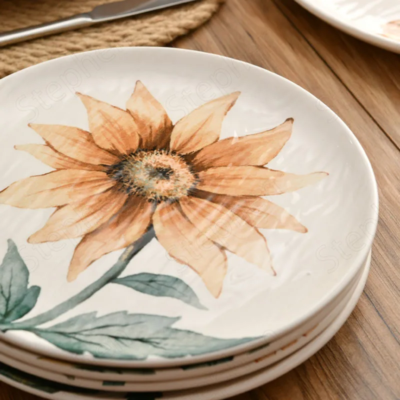 Керамическая тарелка с подсолнухами Европейский современный столовый прибор в