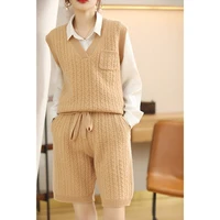 spring and summer cashmere two piece sweater shorts v neck pullover elastic pants wool knitting elegant and versatile high end