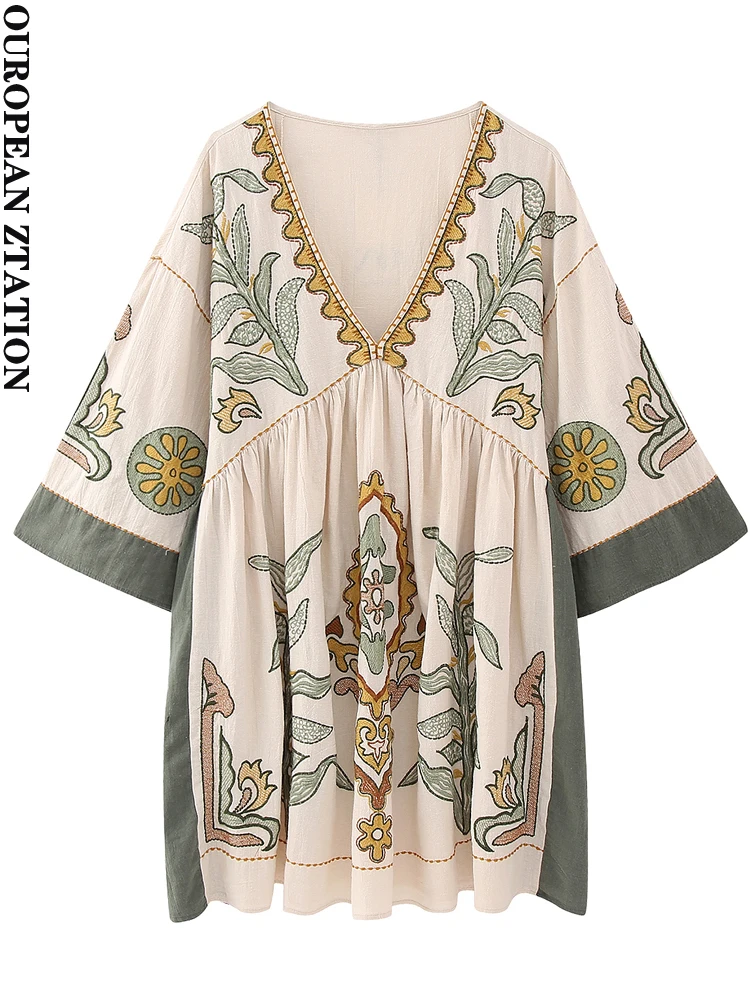 PAILETE Women 2023 fashion contrast embroidered midi dress vintage v-neck three quarter sleeves female dresses vestidos