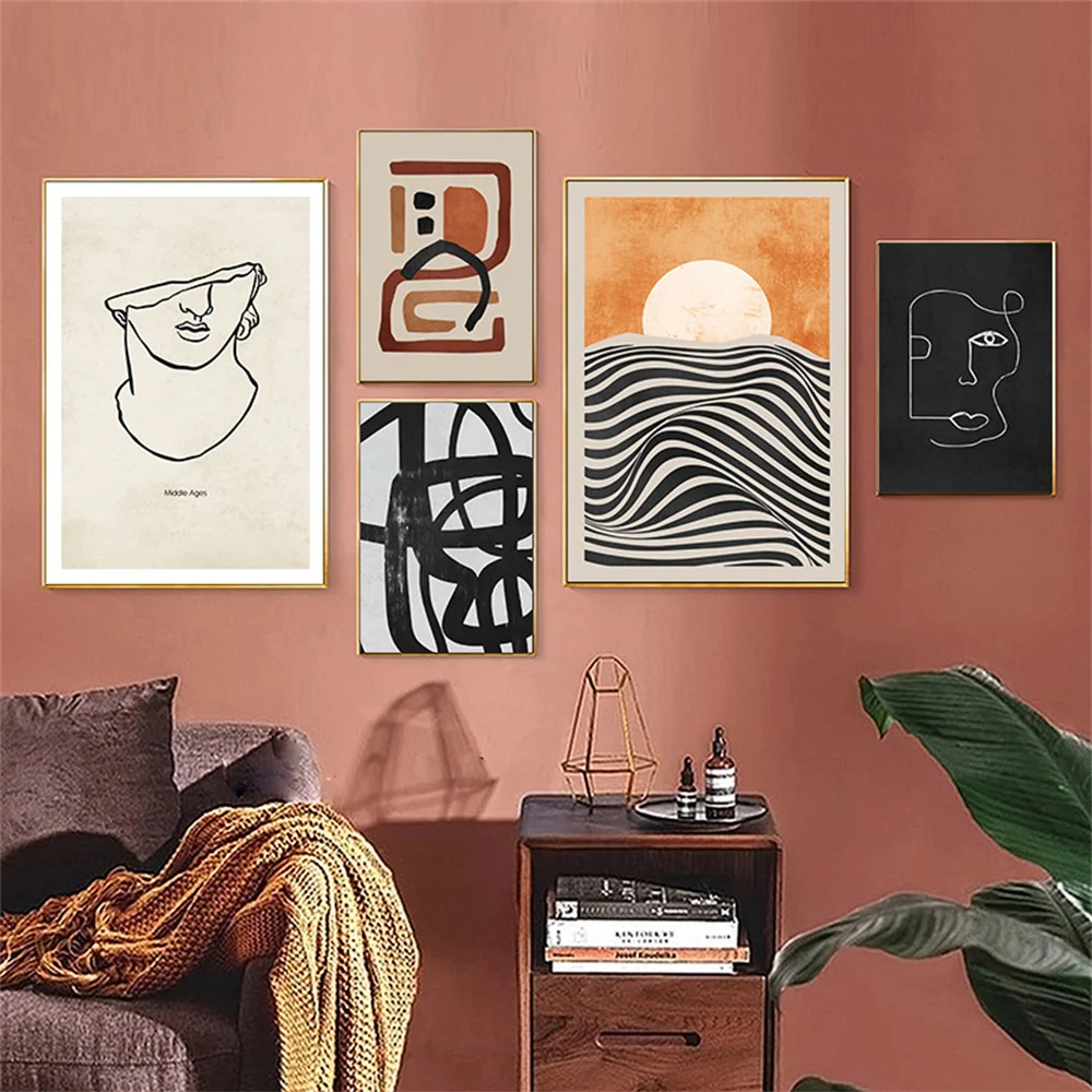 

Abstract Sunrise Geometric Stripe Wall Art Poster Head Line Terracotta Canvas Paintings Print Modern Pictures Living Room Decor