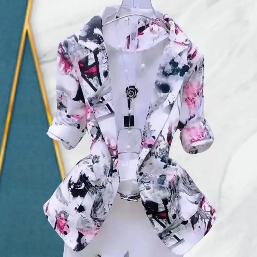

Chic Blazer Coat Regular Length Women Blazer Long Sleeves Elegant Ink Painting Single Button Thin Blazer Coat Lightweight