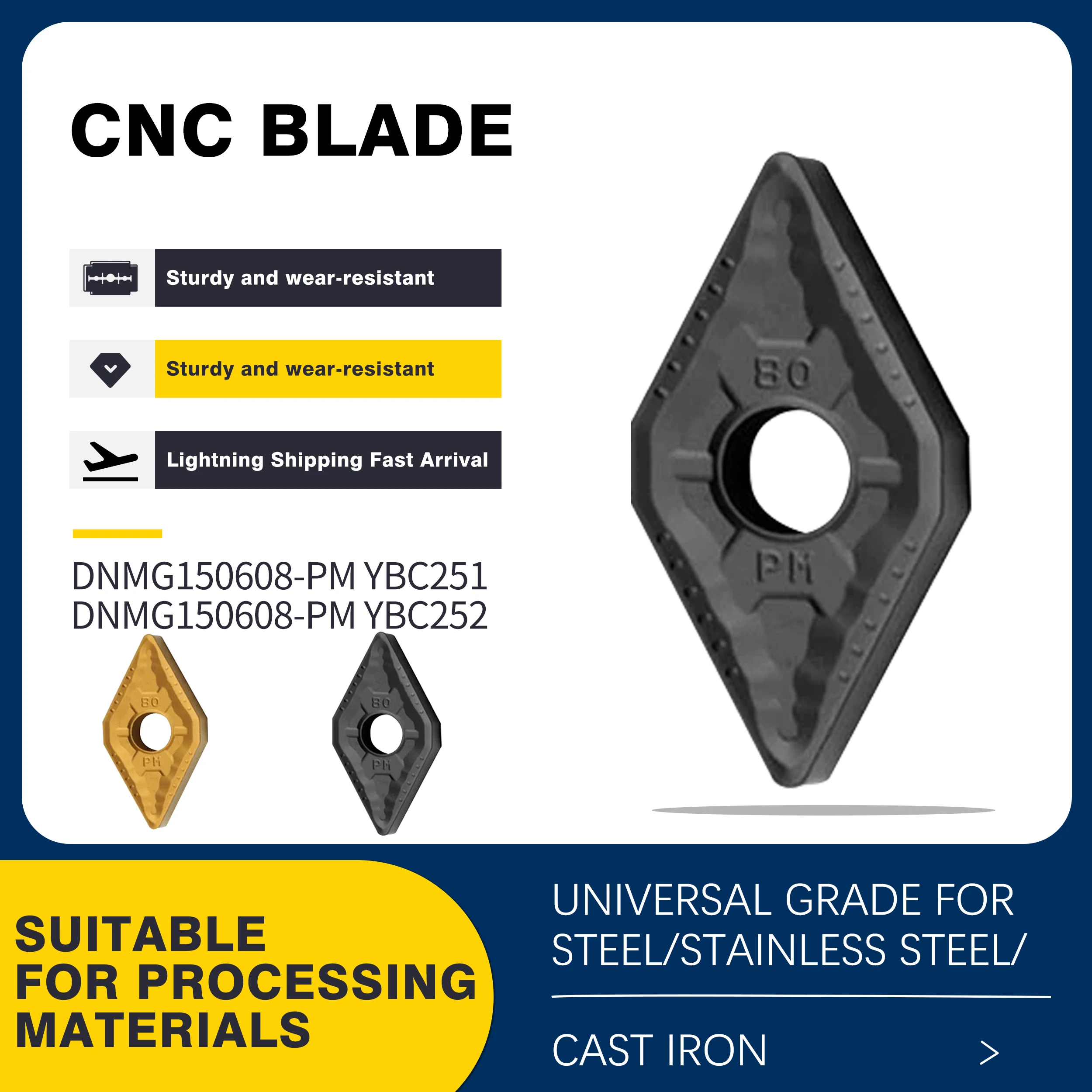 

DNMG150404 150408-PM DNMG150604 150608-PM YBC251/252 CNC Lathe Turning Tools Carbide Inserts Sharp Wear-resistant Turning Blades