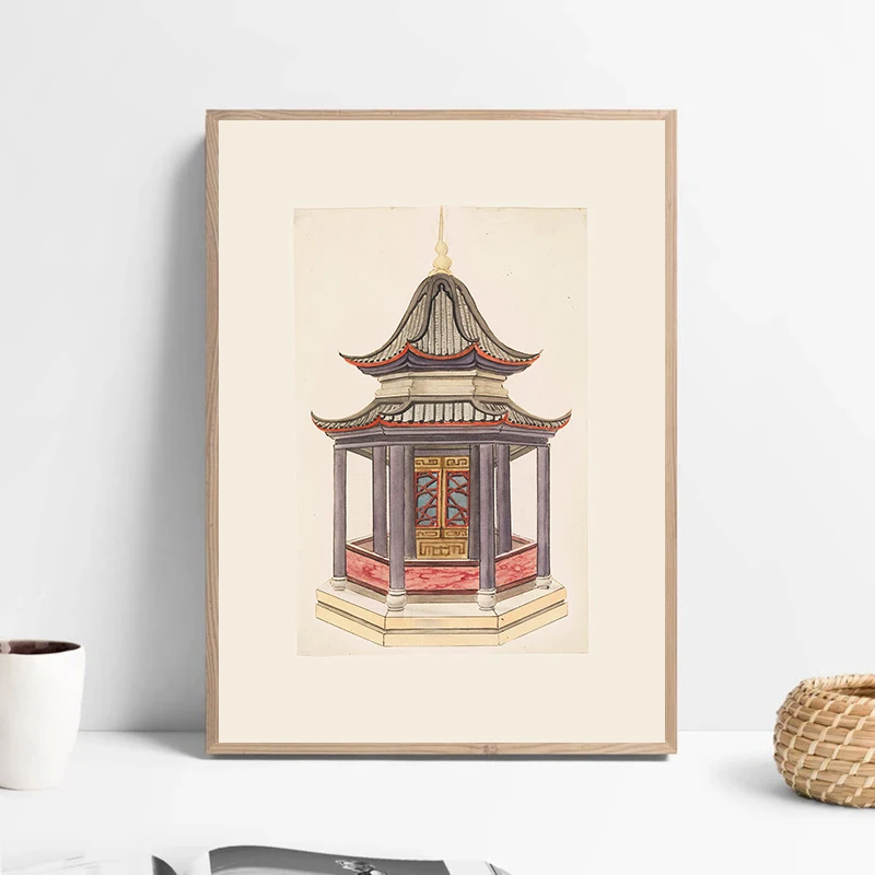 Китайская пагода акварельная картина на холсте
