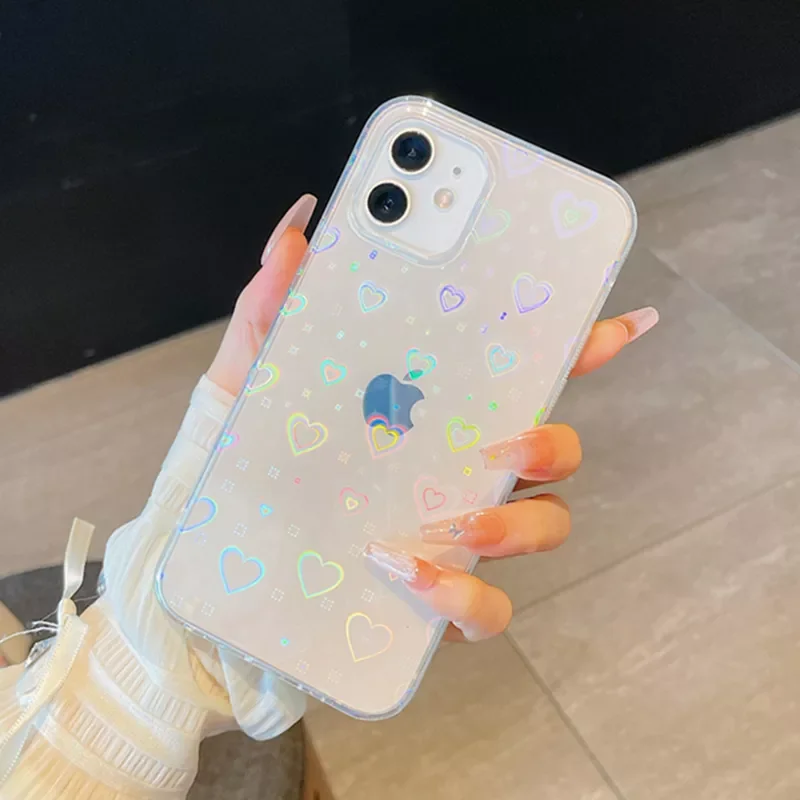 

Free Shipping Gradient Laser Love Heart Pattern Clear Phone Case For iPhone 13 11 12 14 Pro Max X XS XR 7 8 Plus SE2 Shockproof
