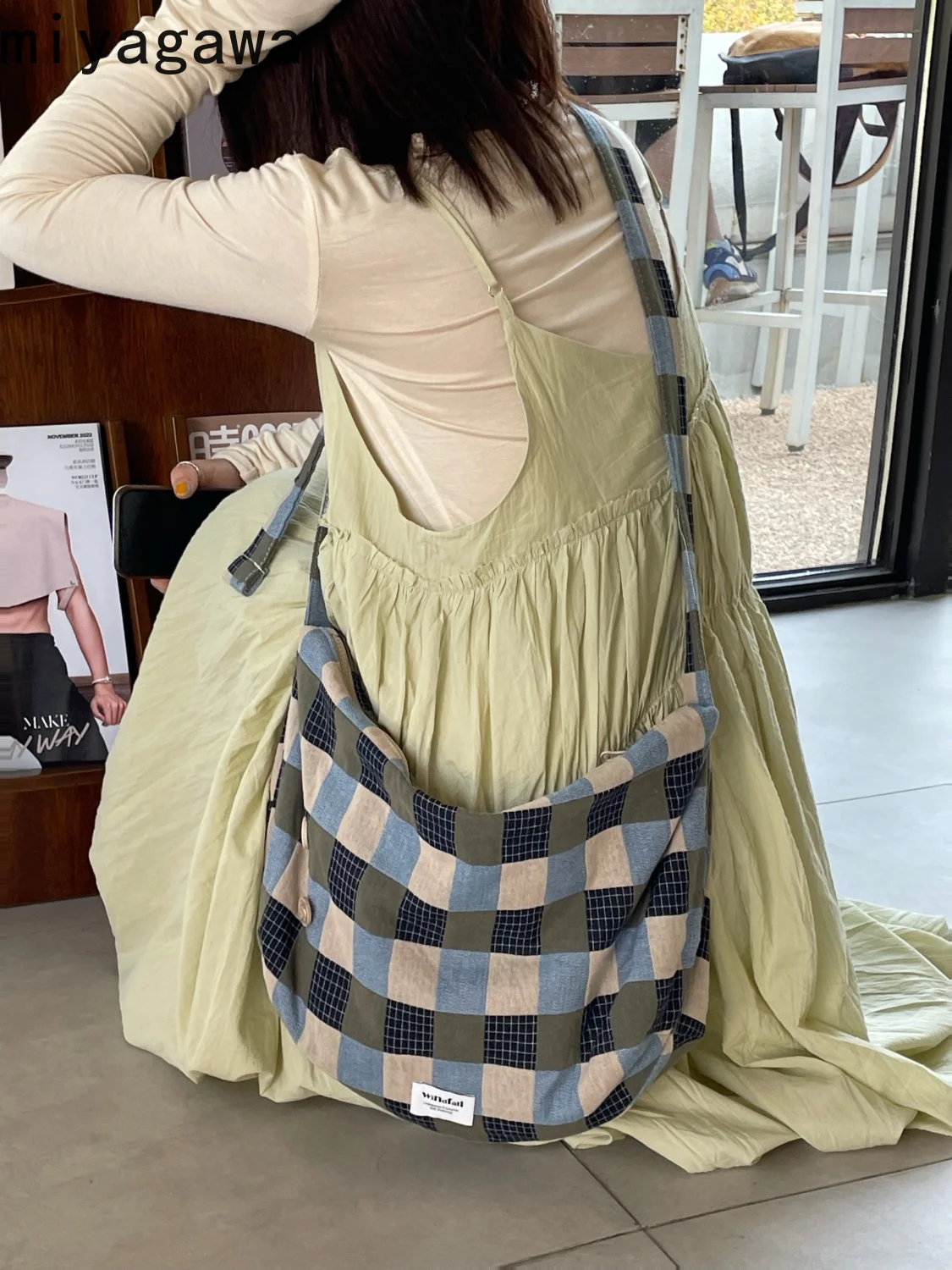 Винтажная клетчатая сумка-хобо Миягава повседневная японская Корейская
