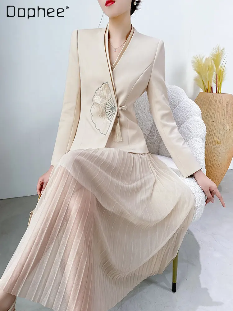 High-End Socialite Skirt Set Women's Suit Skirt Commuting Long Sleeve Suit Coat and Pleated Mid Skirt Two-Piece Suit 2023 Spring