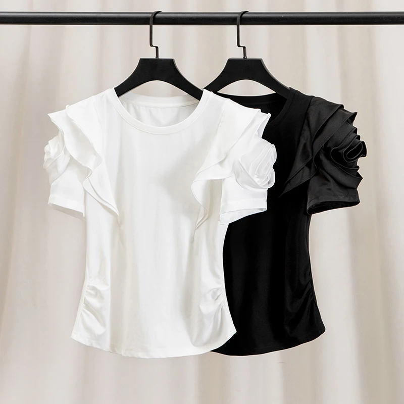 

Original Personality T-shirt Female Design Unique Positive Shoulder Ruffle Edge Three-dimensional Flowers Short-sleeved Slim