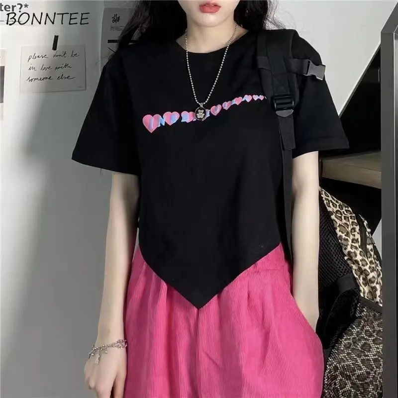

Short Sleeve T-shirts Women Summer Asymmetric Print Lovely Sexy Cool Loose Students Street Wear Daily Retro European Style Chic