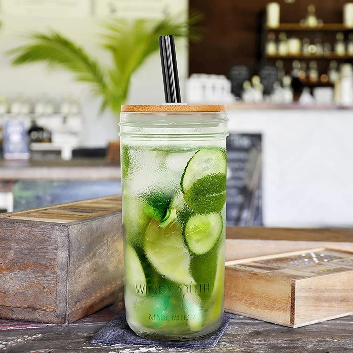 Повторно используемые стеклянные чашки для чая Boba Bubble Tea с крышкой из бамбука и нержавеющими стальными трубочками для стаканов для смузи.