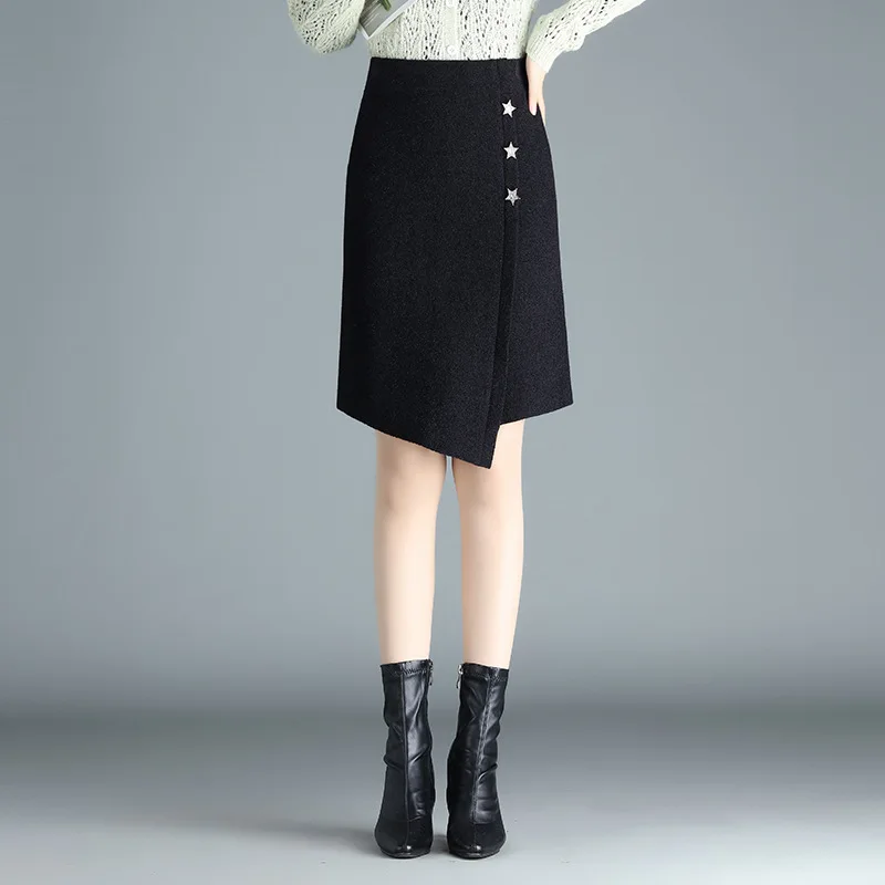 

Elastic High Waist Mid-long Black Knitted Bodycon Skirt for Women Winter Fashion Slim Casual Lady Skinny Skirts 2236