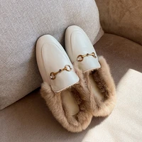 ranbetty mules for women embroidered pattern cowskin rabit fur flat low heel slip on loafer slingback backless slide slippers