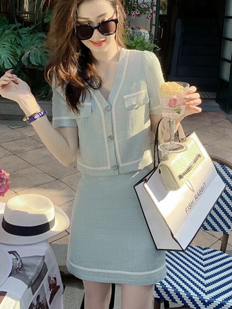 

High Sense Korean Fashion Two Piece Set Women Bubble Sleeve Jacket Coat & Bodycon Skirt Suits Casual 2 Piece Sets Womens Outfits