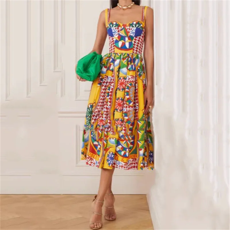 

Womens Dresses 2023 Summer New Korean Fashion Pure Cotton Printed Dress High Quality Slim Fitting Pleated Suspender Tops y2k