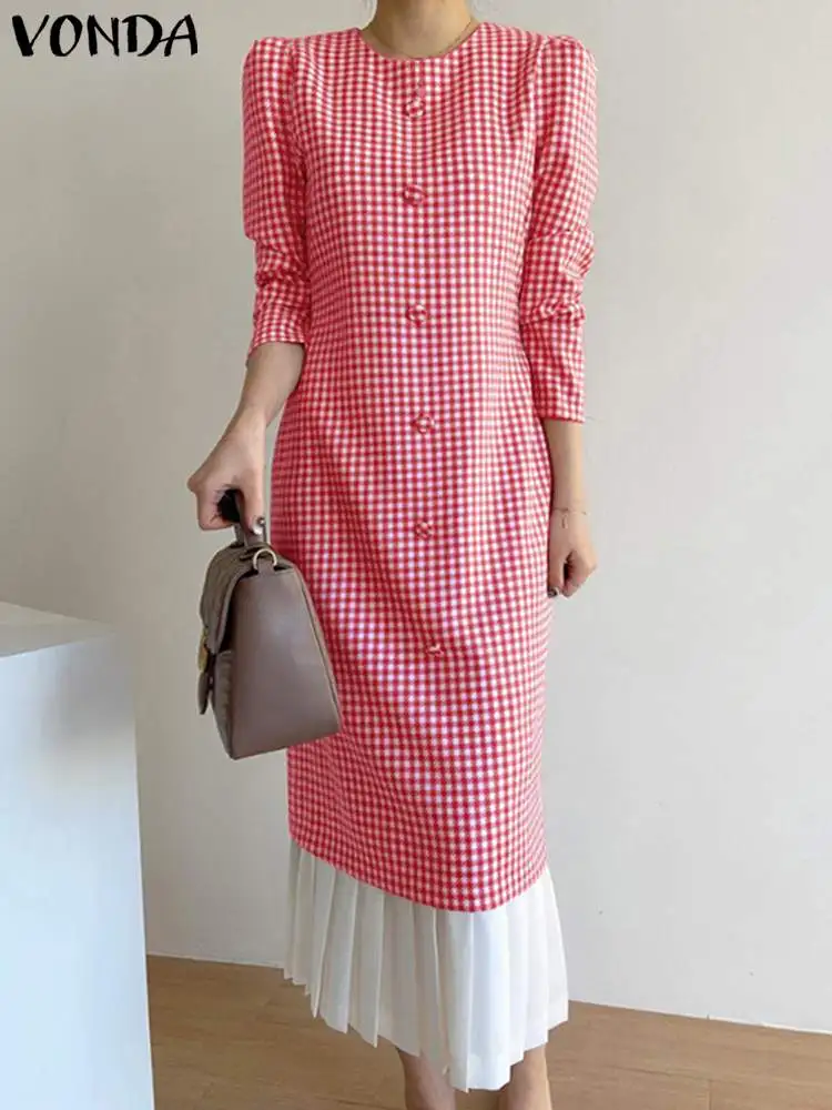 

VONDA Women Plaid Dress 2022 Vintage Long Sleeve Patchwork Party Maxi Long Dress Beach Vestidos Robe Femme Summer Sundress