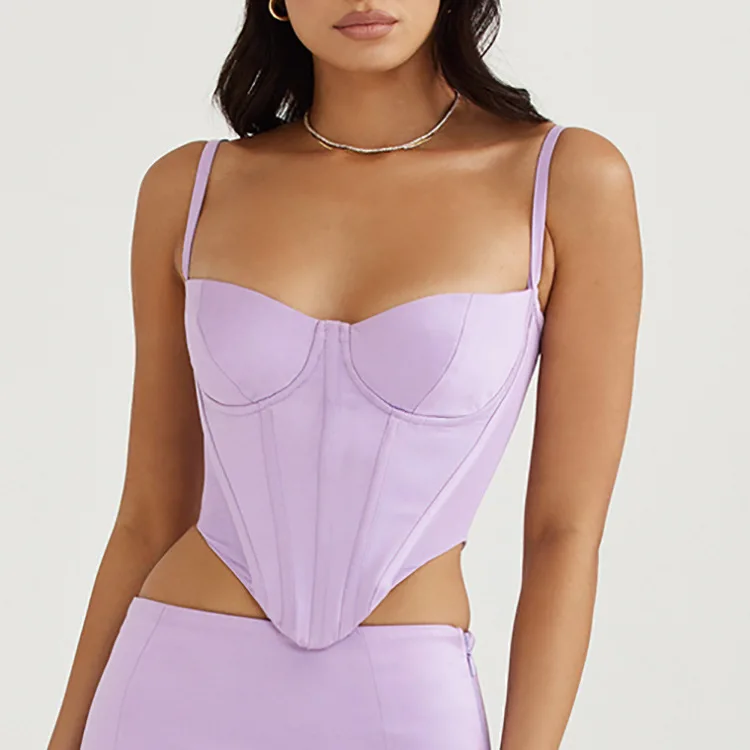 

Women Corset 2022 Summer Satin Camis Crop Tops High Street Sexy Cincher with Bone Chest Pad Bustier Vest Tank Bustier