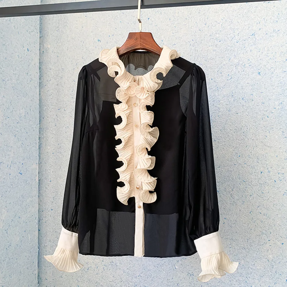 

Женская шифоновая рубашка с оборками, элегантная рубашка высокого качества, весна-лето C728