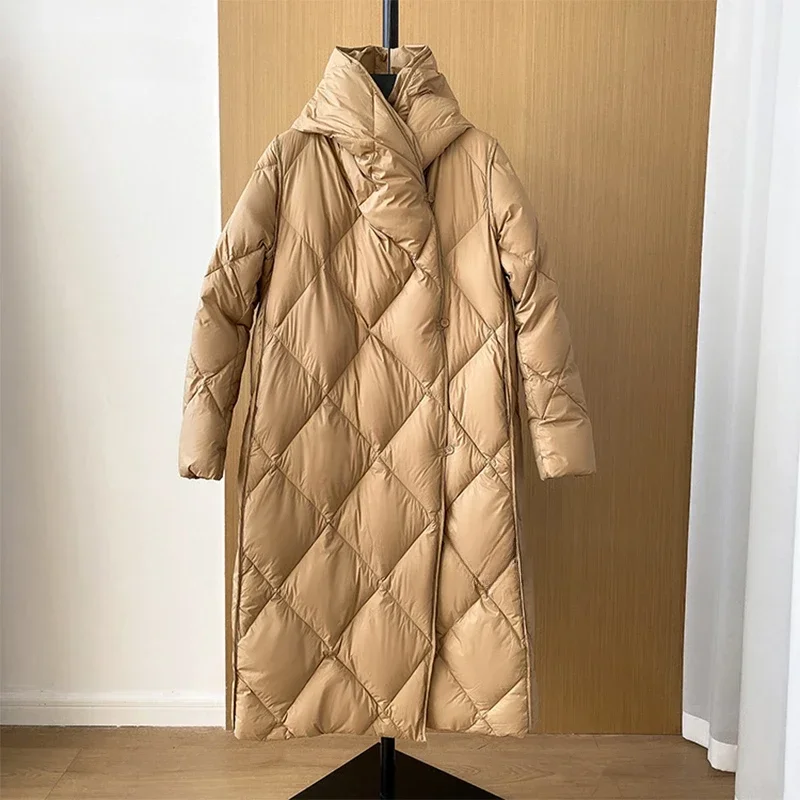

Модная зимняя женская куртка 2023, Длинные парки, пальто на 90% белом утином пуху, женское теплое пальто с капюшоном, верхняя одежда