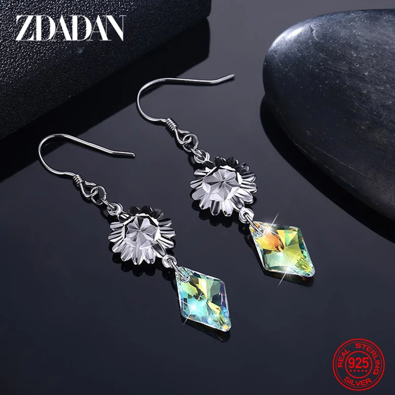 

ZDADAN 925 Sterling Silver Flower Crystal Long Drop Earrings For Women Wedding Jewelry