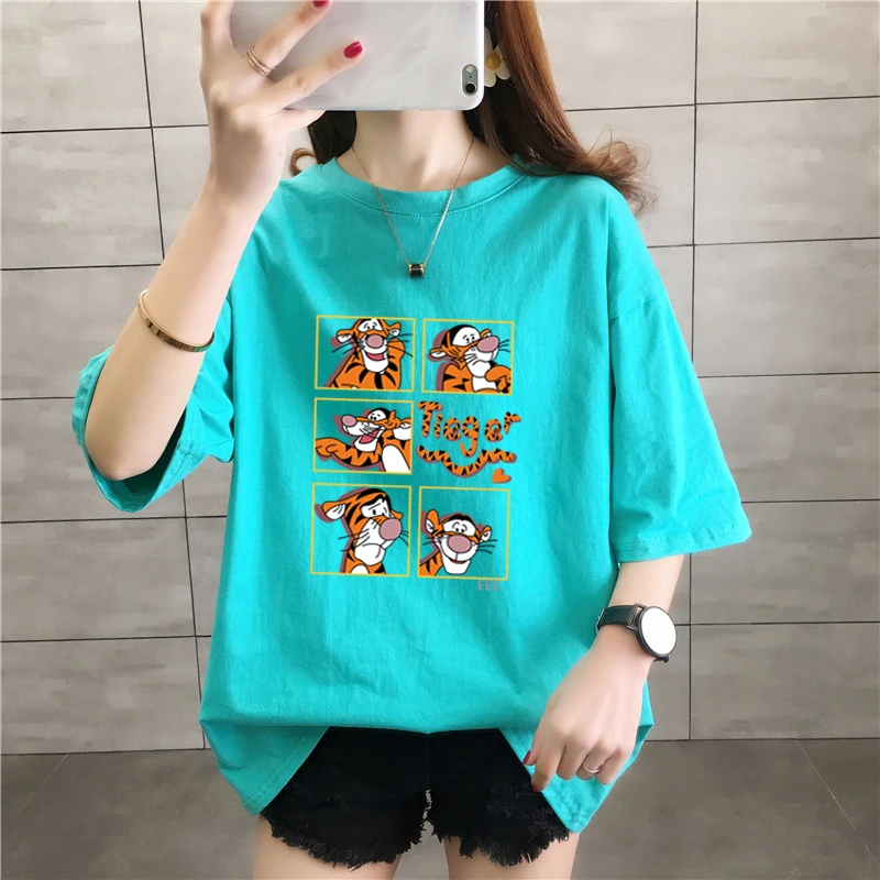 

Disney Cartoon Tigger Hip Hop Tshirt Femme Short Sleeve Loose Cotton Womens Tops Lake Blue White Women T-shirts Oversized Shirt