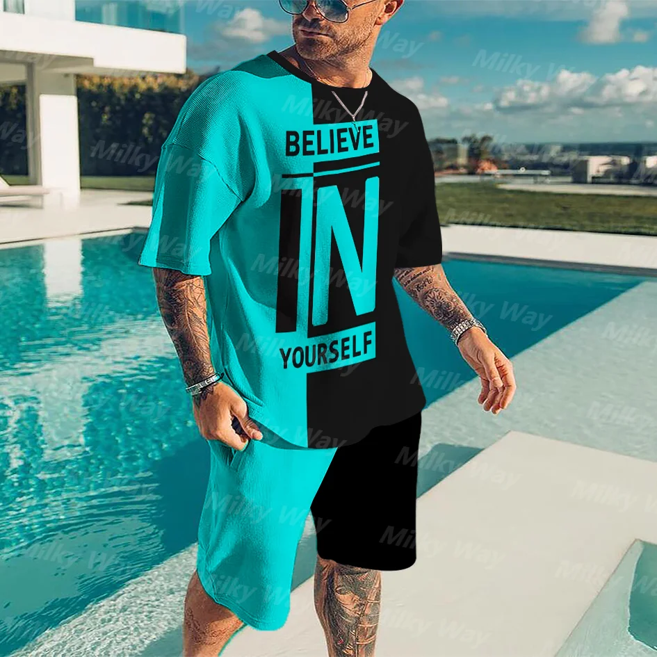 

Men's Summer Tracksuit Believe in Yourself T-shirt Shorts Set Sports Outfit Jogging Suit Oversized Clothing Outdoor Streetwear