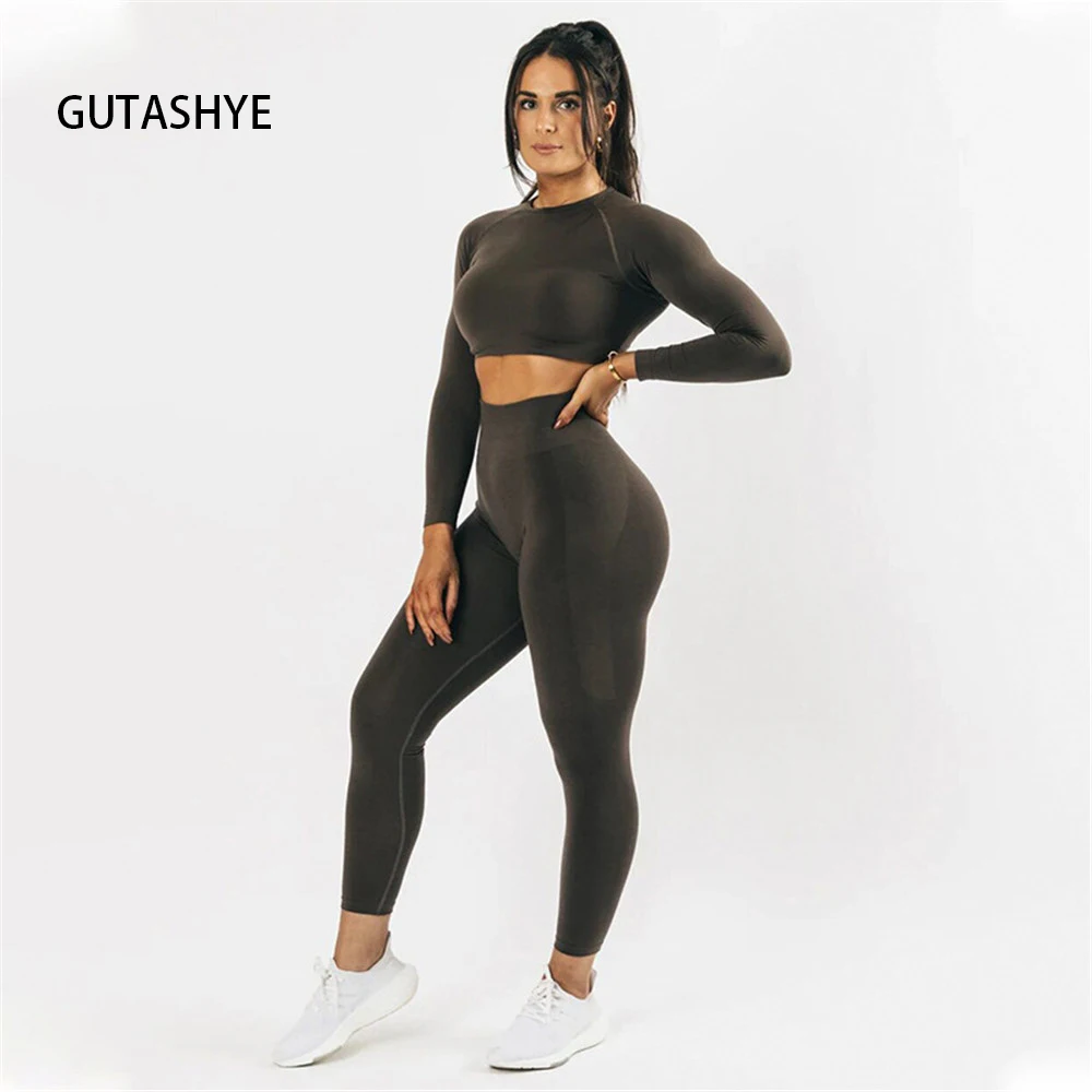 Gutashye Women's Tracksuit Seamless Yoga Set Sports Suit for Fitness Long Sleeve Crop Top Gym Clothing Women Workout Sportswear