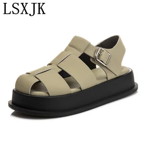 LSXJK Casual Women Sandals 2022 Summer Shoes Genuine Leather Fashion Flats Slippers Female Cut-outs 