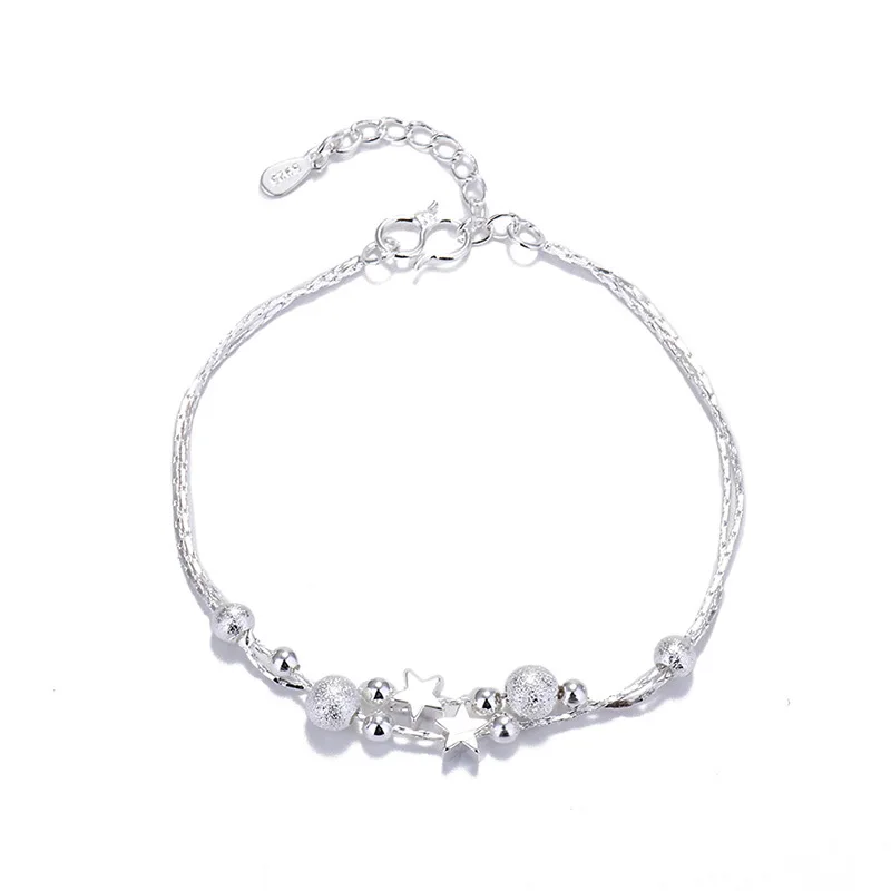 

925 Stamp Silver Color Bangle Bracelets For Womens Chain Double Layer Beaded Ball Star Couples Link Bracelet Birthday Party
