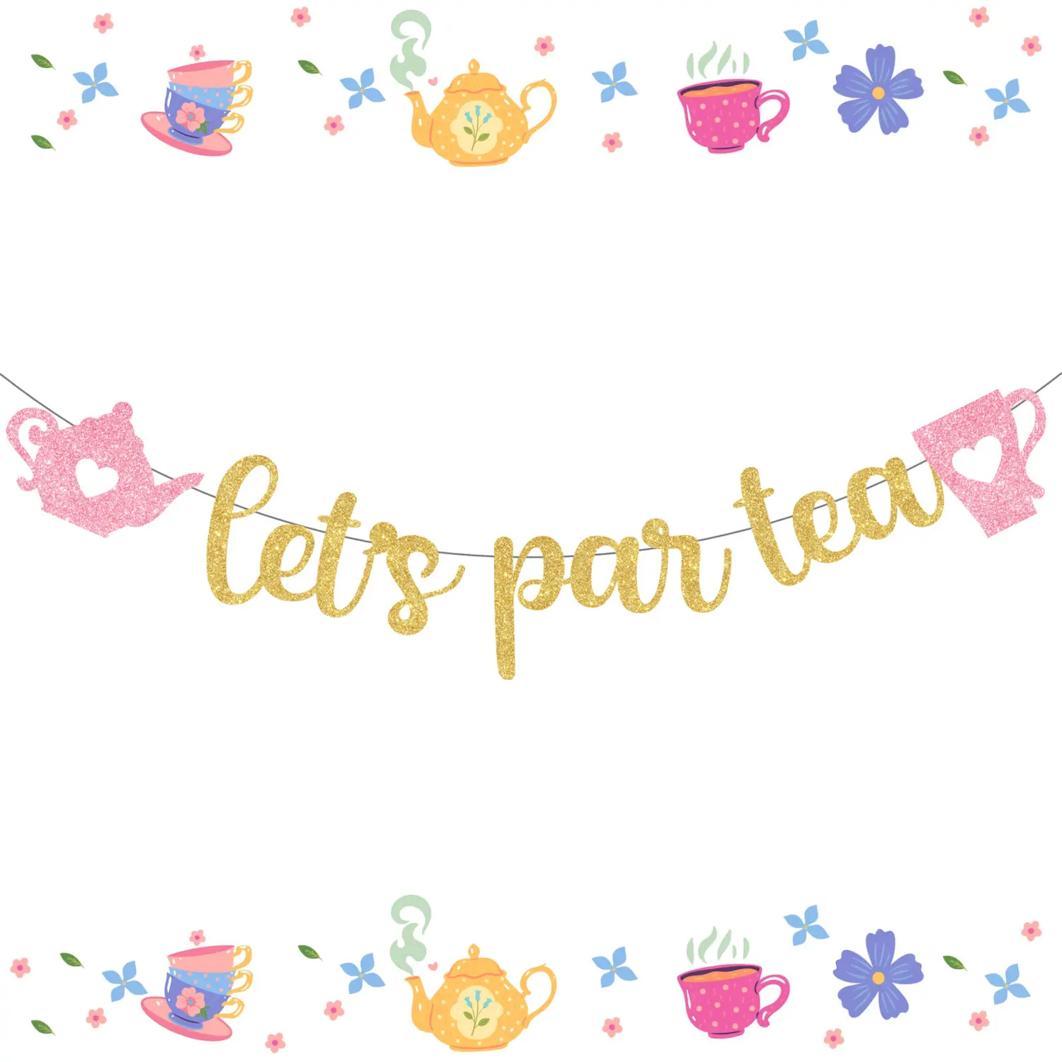 

Let's Par Tea Banner Tea Party Decorations Teapot and Teacup Garland for Tea Themed Birthday Party Bridal Shower Decorations